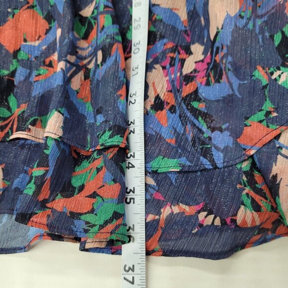 Harlyn Dress Womens M Blue Metallic Abstract Ruffled Lined V-Neck Flutter Sleeve - Picture 15 of 16